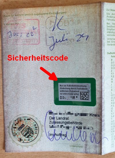 Wo finde ich den Sicherheitscode in der Zulassungsbescheinigung Teil 1, i-Kfz Stadt München