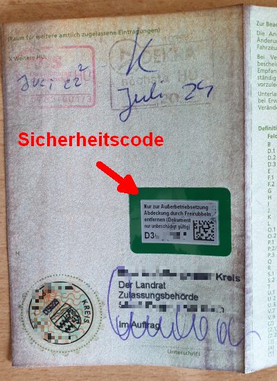 Wo finde ich den Sicherheitscode in der Zulassungsbescheinigung Teil 1, i-Kfz Landkreis Mayen-Koblenz